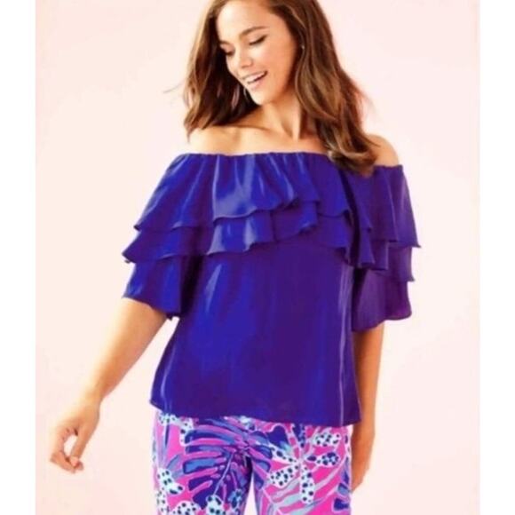 Lilly Pulitzer Haylee Ruffle Off Shoulder Top Size XS Royal Blue Salsa Silky - Picture 1 of 8
